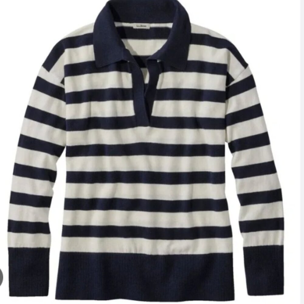L.L. Bean navy and white stripe collared v neck cotton cashmere sweater XL P